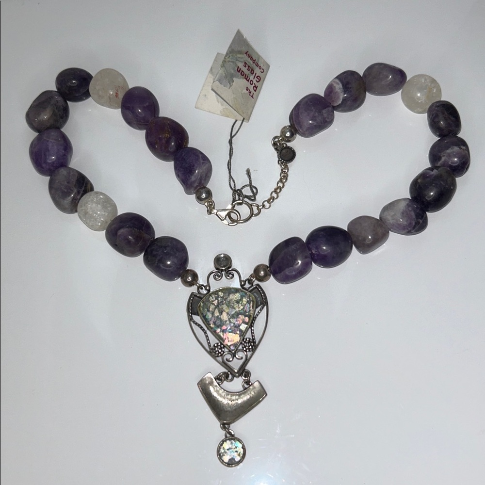 NWT Genuine Amethyst Nugget Ancient Roman Glass Pendant Necklace Bohemian Boho